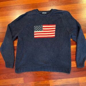 Vintage Lands' End Dark Blue Crewneck Sweater with Flag Design